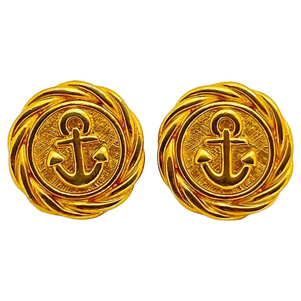 ANNE KLEIN signed AK gold nautical anchor designer runway earrings